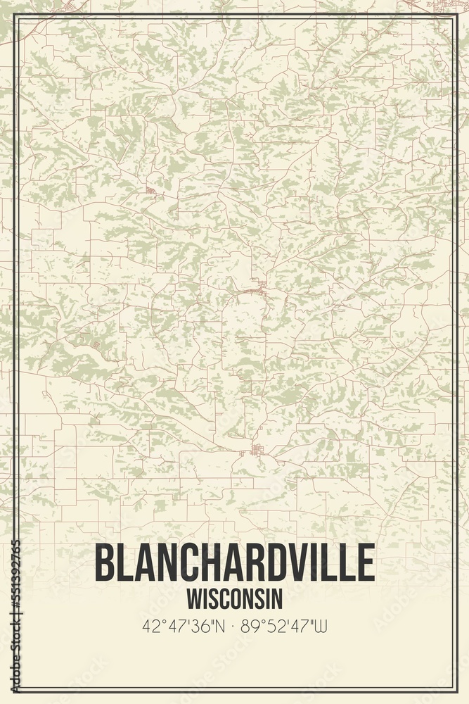 Retro US city map of Blanchardville, Wisconsin. Vintage street map.