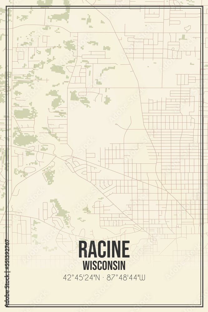 Retro US city map of Racine, Wisconsin. Vintage street map.