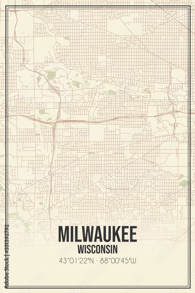 Retro US city map of Milwaukee, Wisconsin. Vintage street map.