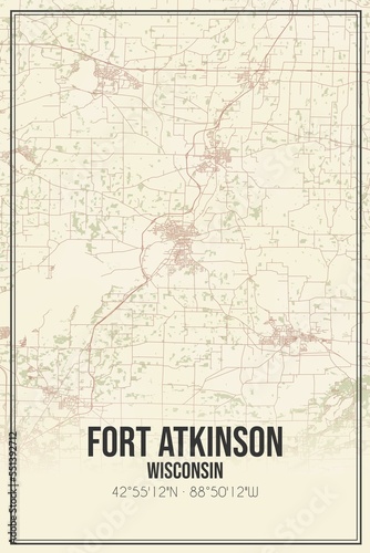 Retro US city map of Fort Atkinson  Wisconsin. Vintage street map.