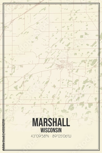 Retro US city map of Marshall  Wisconsin. Vintage street map.