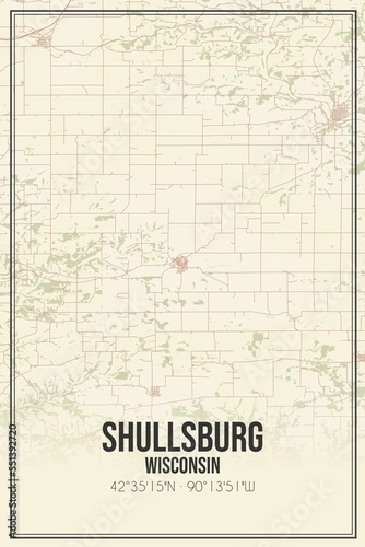 Retro US city map of Shullsburg  Wisconsin. Vintage street map.