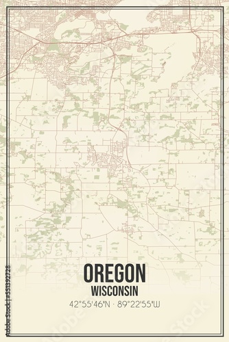 Retro US city map of Oregon  Wisconsin. Vintage street map.