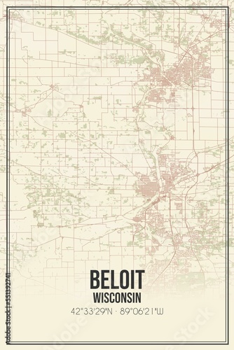 Retro US city map of Beloit  Wisconsin. Vintage street map.