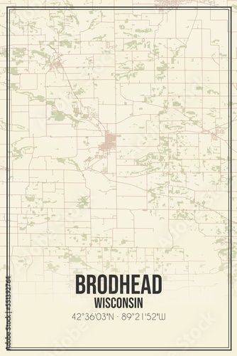 Retro US city map of Brodhead, Wisconsin. Vintage street map.