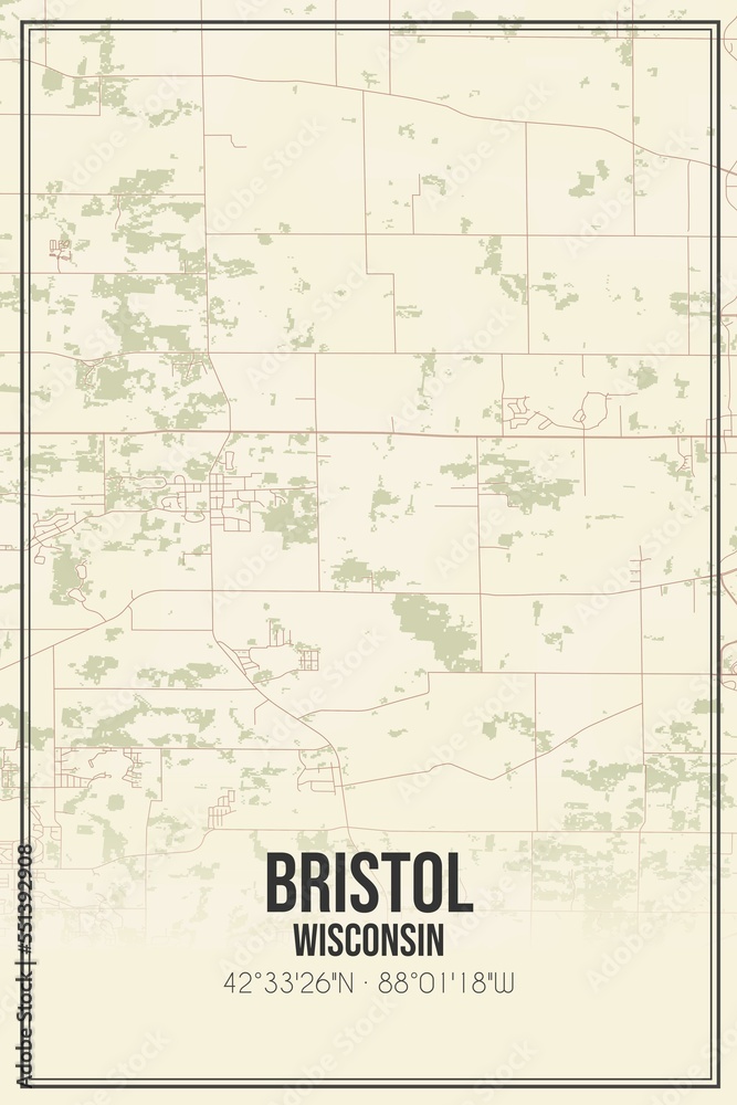 Retro US city map of Bristol, Wisconsin. Vintage street map.