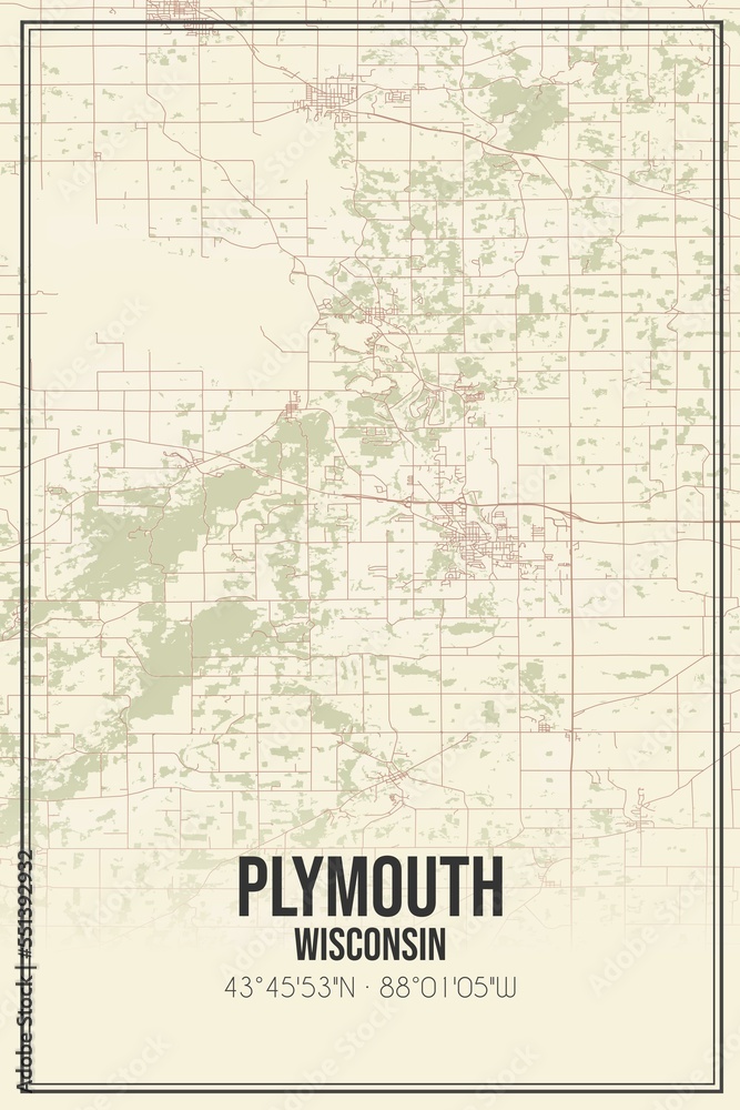 Retro US city map of Plymouth, Wisconsin. Vintage street map.