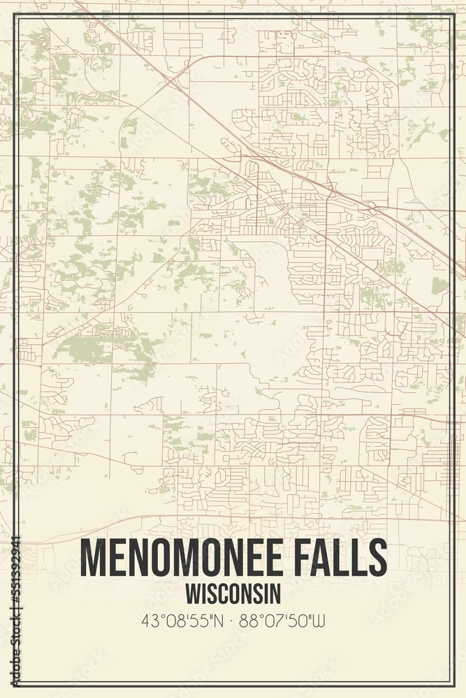 Retro US city map of Menomonee Falls, Wisconsin. Vintage street map.