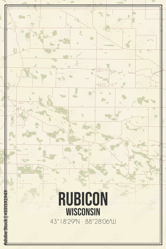 Retro US city map of Rubicon, Wisconsin. Vintage street map.