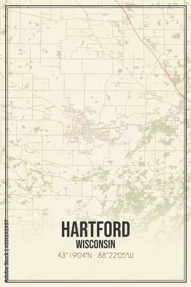 Retro US city map of Hartford, Wisconsin. Vintage street map.