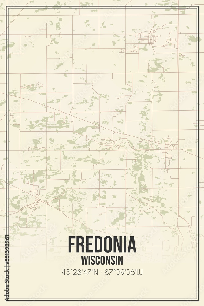 Retro US city map of Fredonia, Wisconsin. Vintage street map.