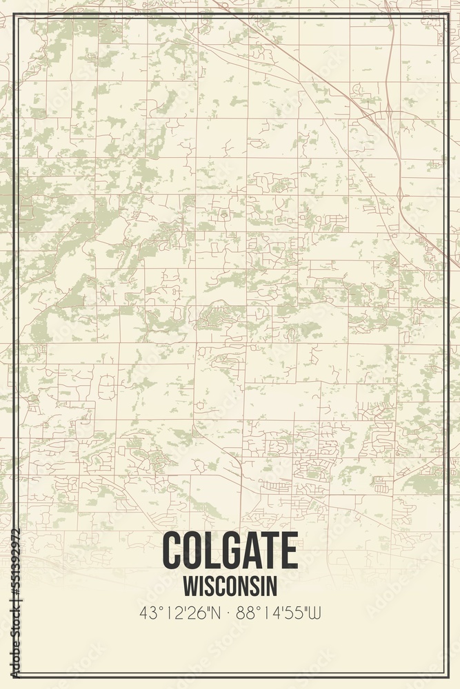 Retro US city map of Colgate, Wisconsin. Vintage street map.