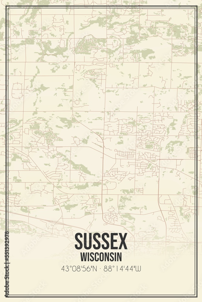 Retro US city map of Sussex, Wisconsin. Vintage street map.