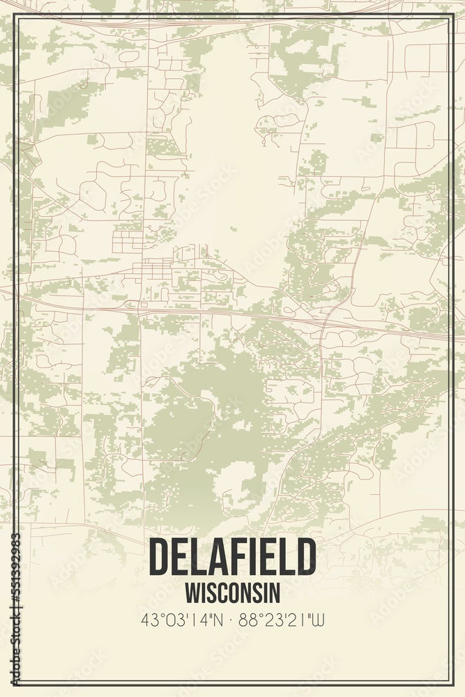 Retro US city map of Delafield, Wisconsin. Vintage street map.