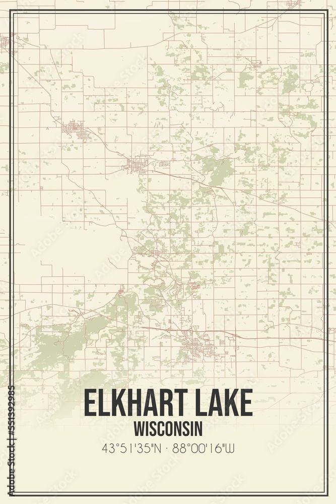 Retro US city map of Elkhart Lake, Wisconsin. Vintage street map.