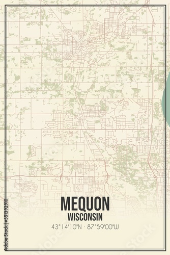 Retro US city map of Mequon, Wisconsin. Vintage street map. photo