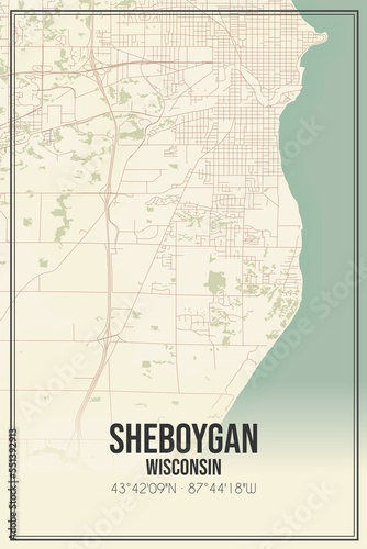 Retro US city map of Sheboygan  Wisconsin. Vintage street map.
