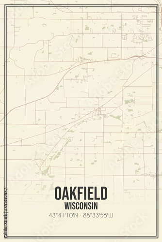 Retro US city map of Oakfield, Wisconsin. Vintage street map.
