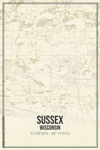 Fototapeta Naklejka Na Ścianę i Meble -  Retro US city map of Sussex, Wisconsin. Vintage street map.