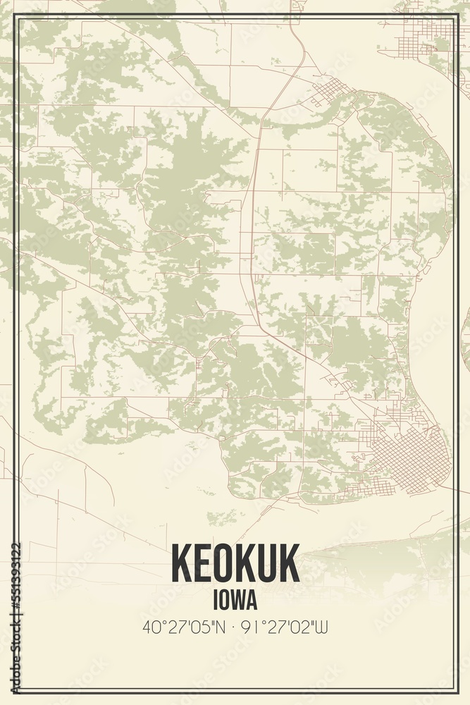 Retro US city map of Keokuk, Iowa. Vintage street map.
