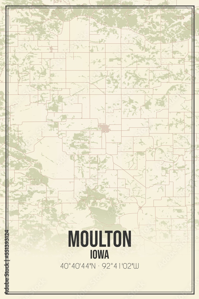 Retro US city map of Moulton, Iowa. Vintage street map.
