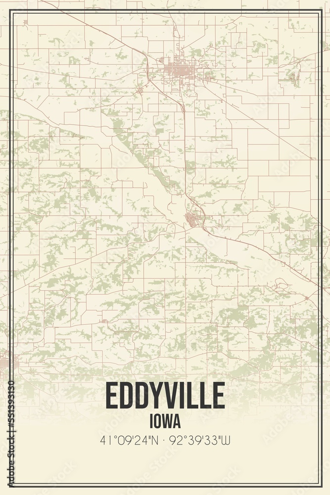 Retro US city map of Eddyville, Iowa. Vintage street map.