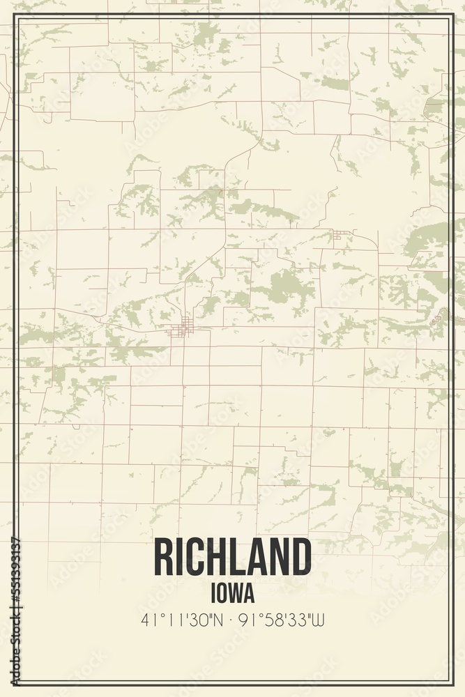 Retro US city map of Richland, Iowa. Vintage street map.
