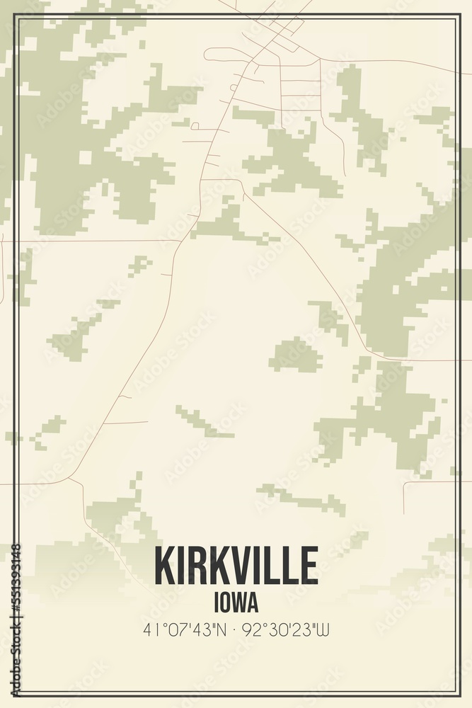 Retro US city map of Kirkville, Iowa. Vintage street map.