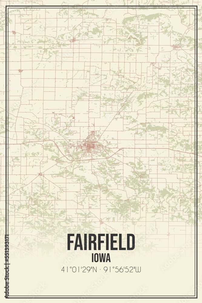 Retro US city map of Fairfield, Iowa. Vintage street map.
