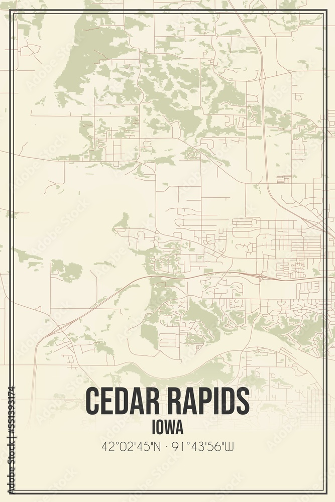 Retro US city map of Cedar Rapids, Iowa. Vintage street map.