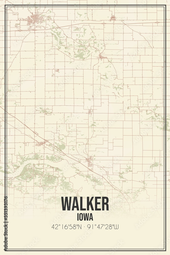 Retro US city map of Walker, Iowa. Vintage street map.