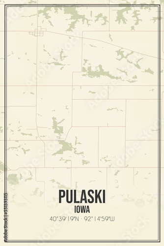 Fototapeta Naklejka Na Ścianę i Meble -  Retro US city map of Pulaski, Iowa. Vintage street map.