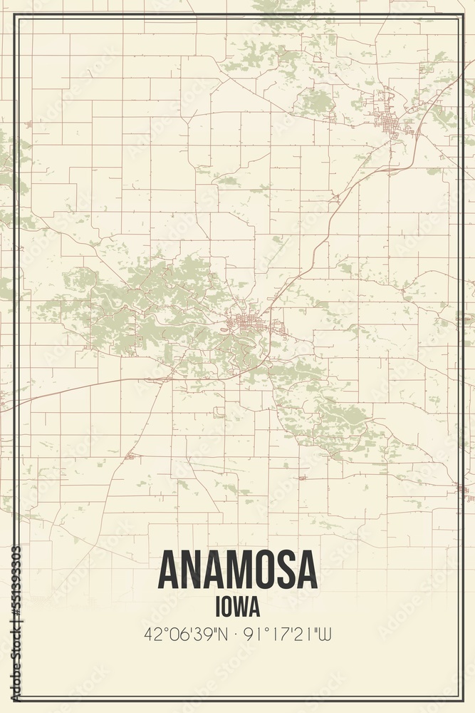 Retro US city map of Anamosa, Iowa. Vintage street map.