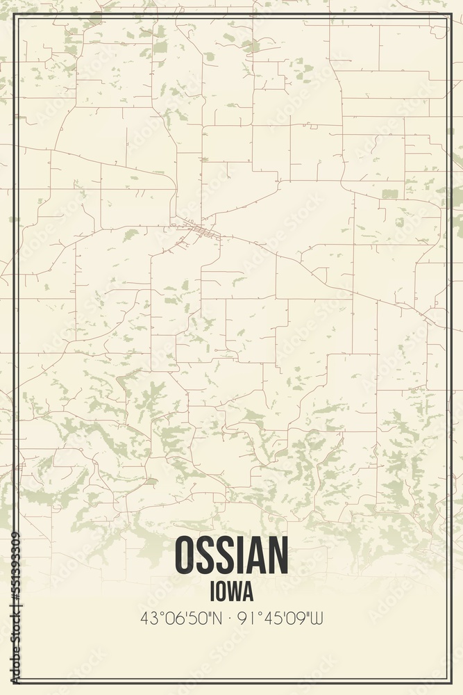 Retro US city map of Ossian, Iowa. Vintage street map.