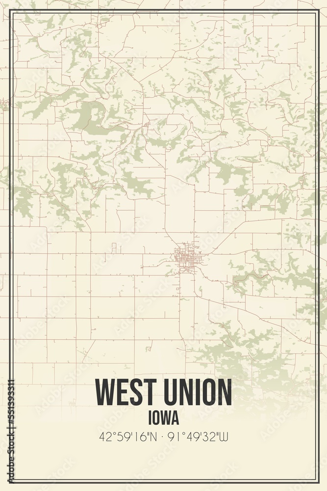 Retro US city map of West Union, Iowa. Vintage street map.