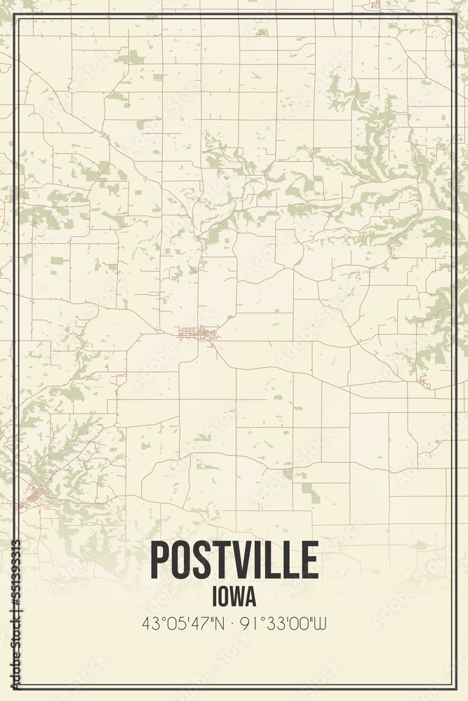 Retro US city map of Postville, Iowa. Vintage street map.