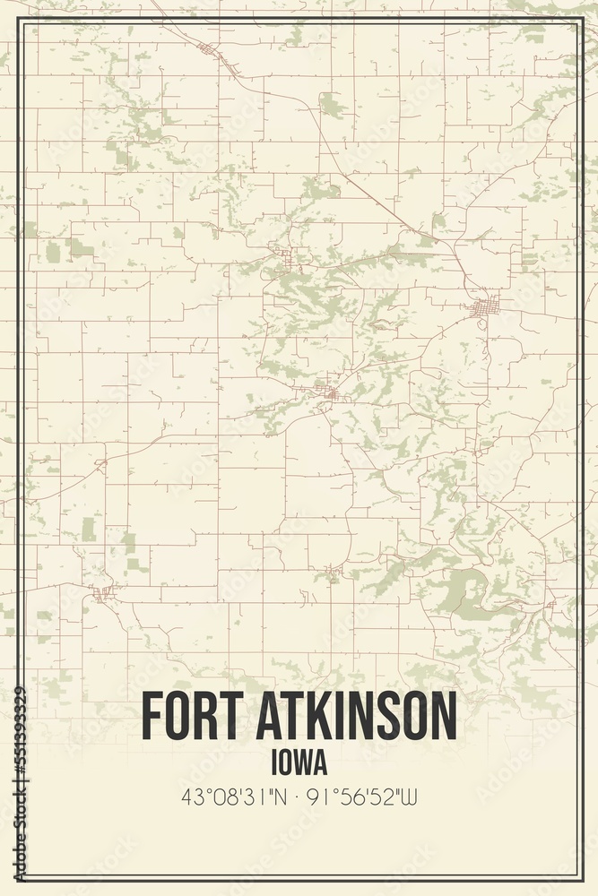 Retro US city map of Fort Atkinson, Iowa. Vintage street map.