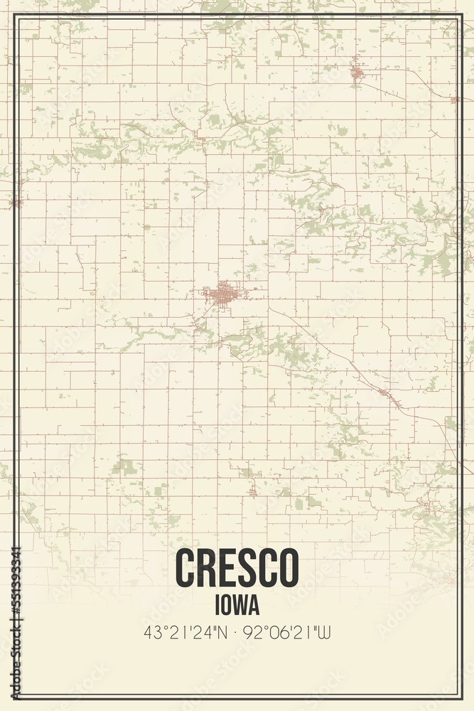 Retro US city map of Cresco, Iowa. Vintage street map.
