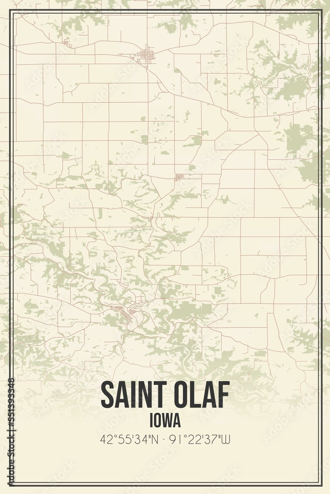 Retro US city map of Saint Olaf, Iowa. Vintage street map.