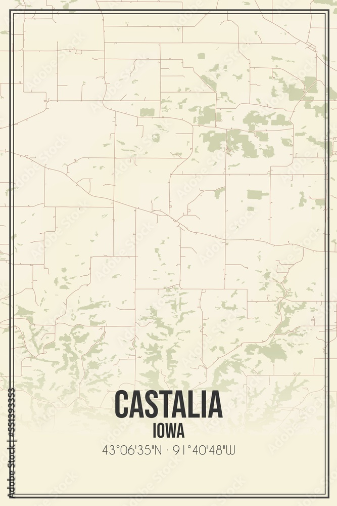 Retro US city map of Castalia, Iowa. Vintage street map.