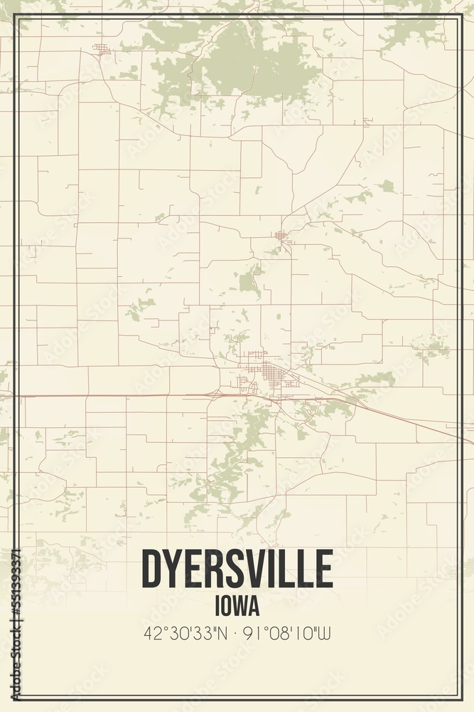 Retro US city map of Dyersville, Iowa. Vintage street map.