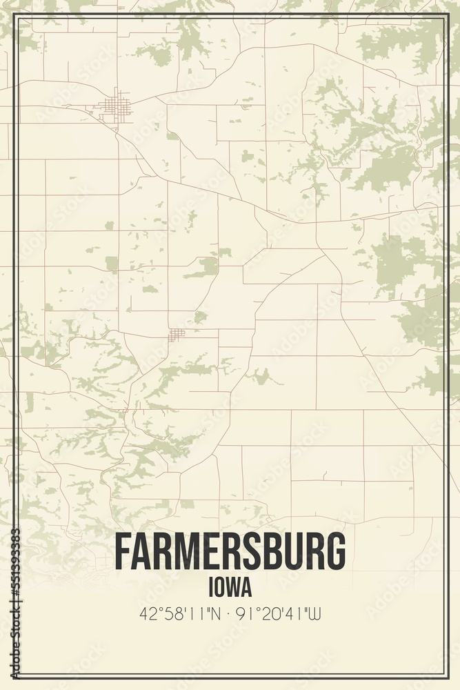 Retro US city map of Farmersburg, Iowa. Vintage street map.