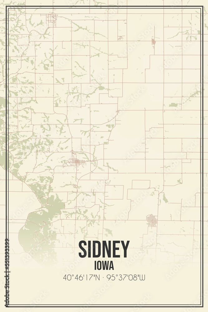 Retro US city map of Sidney, Iowa. Vintage street map.