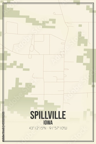 Retro US city map of Spillville  Iowa. Vintage street map.