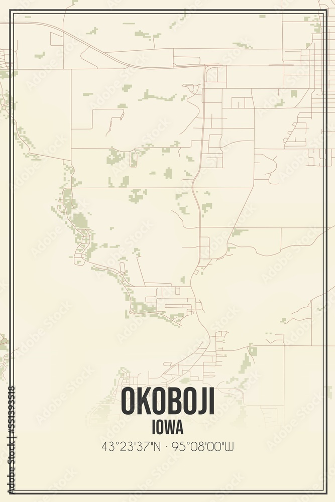 Retro US city map of Okoboji, Iowa. Vintage street map.