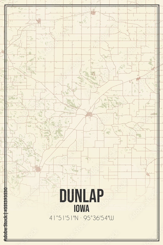Retro US city map of Dunlap, Iowa. Vintage street map.