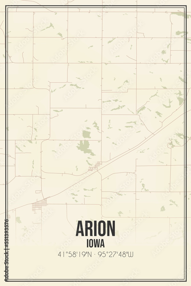 Retro US city map of Arion, Iowa. Vintage street map.