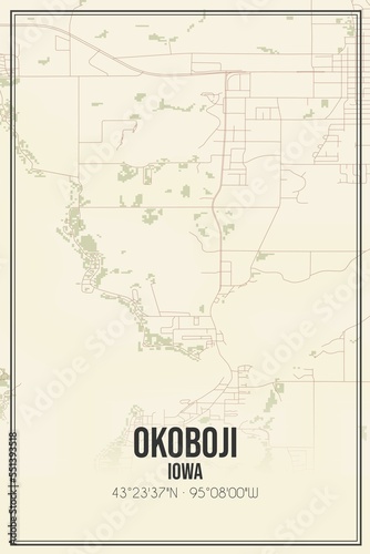 Retro US city map of Okoboji, Iowa. Vintage street map. photo