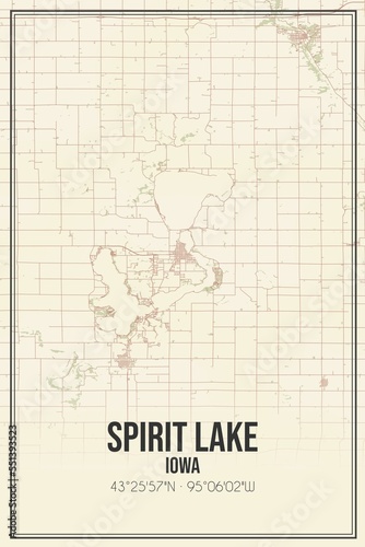 Retro US city map of Spirit Lake  Iowa. Vintage street map.