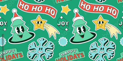 Funny vintage christmas cartoon character label seamless pattern illustration. Retro sticker patch background for xmas party celebration. Festive holiday season graphic print.